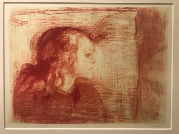 So, the piece is a lithograph dominated by red and sepia tones, featuring a pensive, sketchy profile portrait of a woman. Loose, expressive red lines surround her, giving the impression of movement or atmosphere.