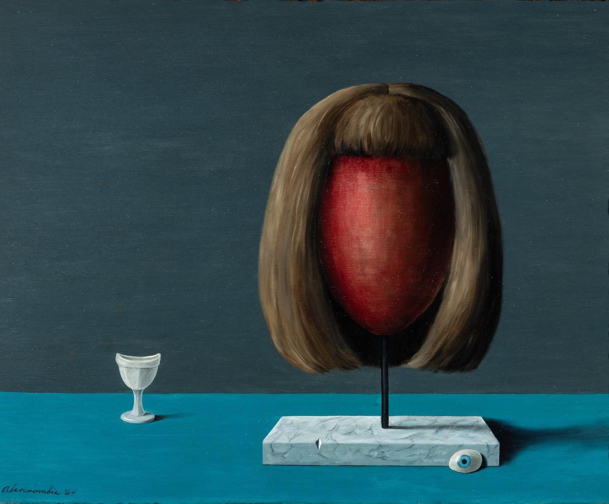 A surrealist still life on a bright teal surface against a dark blue-gray background. The central element is a reddish-brown, oval, faceless form with a brown bob wig, mounted on a white rectangular stand. To the left is a small, empty, clear stemmed glass, and to the right is a disembodied human eyeball.