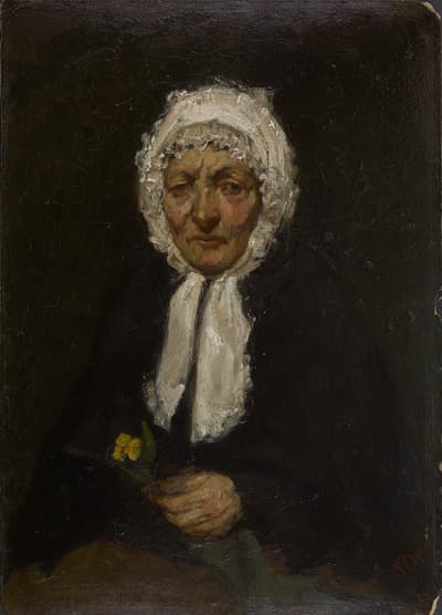 A close-up portrait painting depicts an elderly woman against a dark, somber background. She has a wrinkled face with prominent cheekbones and a stern expression, looking directly forward. Her eyes are deep-set, and there's a hint of red on her cheeks. She wears a white lace bonnet that frames her face and a white scarf or jabot around her neck, contrasting with her dark, possibly black, attire. In her left hand, she holds a small sprig of yellow flowers. The painting has a somewhat rough, textured quality, and the colors are subdued.