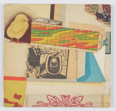 A collage of various paper clippings. Prominent elements include a yellow chick on the left, a section of a map or diagram with green, yellow, and red color blocks overlaying a drawing of a soda can, a black-and-white drawing of a cowboy with a star badge and a large hat, and a cutout of a woman's legs and feet wearing dark heels in the top right corner. The bottom of the collage features a decorative pink and white pattern.