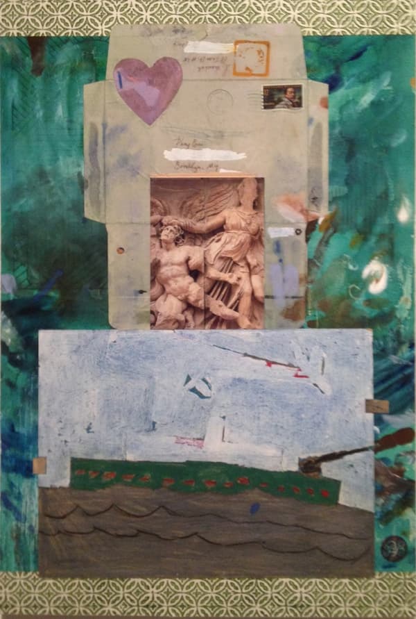 A vertical collage artwork combining various materials on a background painted with abstract strokes of teal and turquoise. The top section features a partially opened beige envelope with a purple heart drawn on it, a stamp, and postmarks. Centered on the envelope is a rectangular image of a classical bas-relief sculpture depicting two figures, one muscular and one draped. The bottom third of the collage is a painted scene of a dark green ship or boat on brown waves, set beneath a textured, light blue sky with abstract white and gray shapes. The top and bottom edges of the entire piece are bordered with a decorative olive-green and white patterned trim.