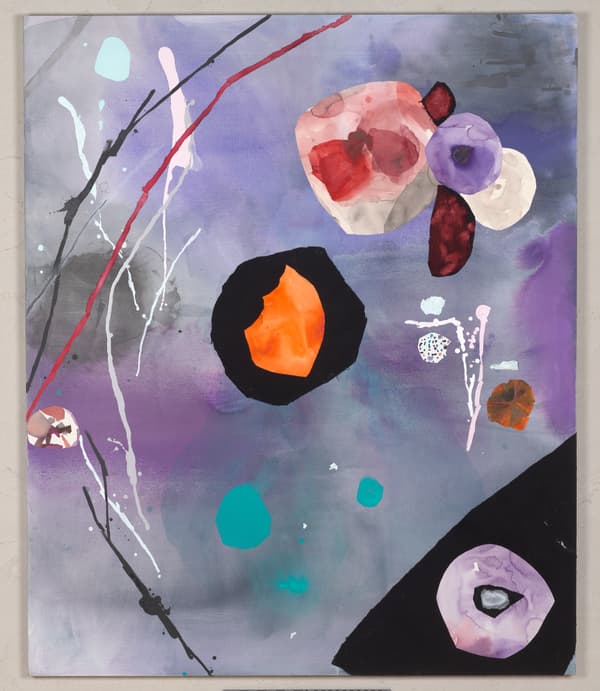 An abstract painting featuring a background wash of soft purples and greys. Various shapes are layered on top, including a cluster of pink, red, and purple watercolor-like shapes in the upper right. A dominant orange shape is centered within a large black irregular circle. Splatters of black and white paint, thin dark lines resembling branches, and smaller turquoise, white, and purple shapes are distributed across the composition.