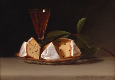 A dark, classical oil still life painting by Raphaelle Peale, dated 1813. The composition features four triangular slices of a light-colored cake dotted with dark spices or currants, resting on a round, shallow, metallic dish. The cake slices are partially covered with white frosting. Behind the cake, a tall, clear stemmed glass holds a dark amber liquid. A dark green sprig with large, waxy leaves hangs down to the right. The background is a solid, dark brown or black, highlighting the subjects.