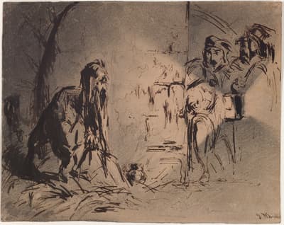 A dark, monochromatic ink sketch by James McNeill Whistler, titled The Prisoner. The drawing depicts a somber interior scene dominated by a kneeling or crouching, bearded man with long hair, dressed in tattered clothes, who appears to be the prisoner. He faces a rough stone or brick wall. To the right, two or three men in military-style caps and coats are seated, observing the prisoner. The entire scene is executed with loose, dark lines and heavy shading, conveying a dramatic and confined atmosphere.
