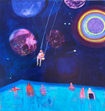 A vibrant, dark blue painting by Katherine Bradford titled "Swing Over Pond." The upper portion of the canvas depicts a night sky filled with large, colorful, abstract planets and stars, predominantly in shades of deep blue, purple, and neon yellow-green. A small figure in a white dress sits on a swing hanging from the top of the canvas, suspended over the scene. The lower portion of the painting is a rectangular pool or pond of bright turquoise water, where five semi-abstract figures (two red, two pink, one dark blue) are partially submerged.