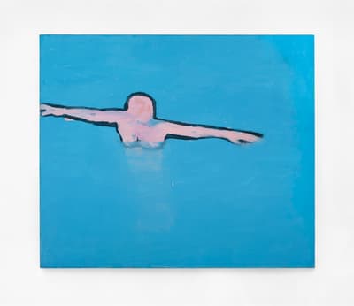 Abstract painting featuring a pink-hued figure swimming, viewed from above, against a vibrant turquoise-blue background. The figure's arms are outstretched, and the body is outlined in black.
