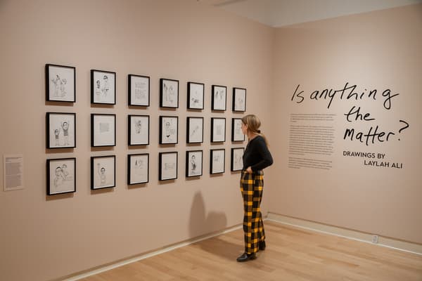 An installation view of an art gallery featuring an exhibition of small framed drawings by Laylah Ali. Eighteen black-and-white drawings in simple black frames are hung in a grid of three rows and six columns on a pale tan wall. A woman with blonde hair, wearing a black top and yellow and black checkered pants, stands to the right, looking at the display. To the right of the drawings, large black cursive text on the wall reads: 'Is anything the matter? DRAWINGS BY LAYLAH ALI'.