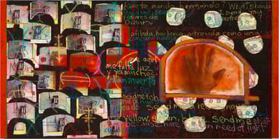 An abstract, mixed-media artwork titled "Aquí No Hay Luz" (There is No Light Here) by Juan Sánchez. The dark, black-and-red composition is divided roughly in half. The left side features a grid of colorful, collaged or painted geometric shapes resembling small houses or windows, highlighted with neon colors. The right side is dominated by a large, semicircular, orange-red arch containing the ghostly, reddish silhouette of a hand. Around the arch are circles made of collaged US dollar bills. White, yellow, and red text in both Spanish and English is scribbled across the dark background, including phrases like "Aquí me falta luz y ya muchos han muerto" and "because here many have died of thirst."