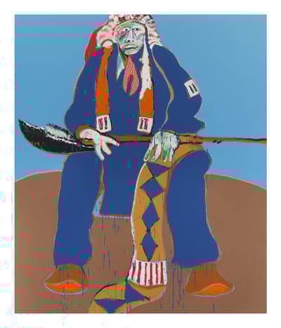 Painting titled "Sitting Indian" by Fritz Scholder. The figure, possibly a chief, is seated against a plain blue background on a brown mound. They are wearing a large headdress with white feathers and a red cap, a blue suit, and a red polka-dot tie. Bright orange suspenders contrast with the blue clothing. The figure's face is pale gray and green, and their hands are green. A long legging with blue and yellow diamond patterns and a red and white striped sock covers one leg, while the other leg is obscured. Blue paint drips are visible, and the figure holds a dark feathered object, likely part of a lance or staff.