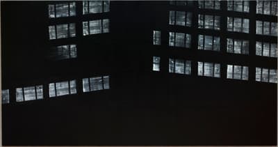 A stark, nocturnal painting of building windows glowing against a pitch-black background.