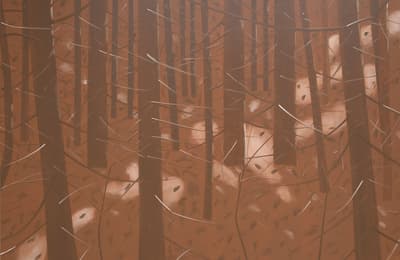 A graphic painting of a dense forest in autumn or winter, dominated by brown and tan tones with thin, bare branches crisscrossing the frame.