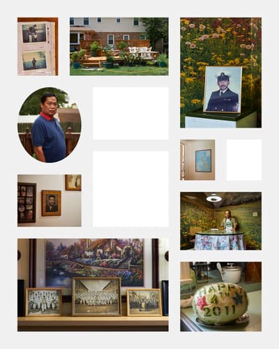 A collage of nine images against a light gray background. It features portraits of a Filipino man in everyday life and in his Navy uniform, photos of his suburban home and garden, and framed group photos of Navy sailors. One image shows a watermelon carved with "Happy 4th 2011."