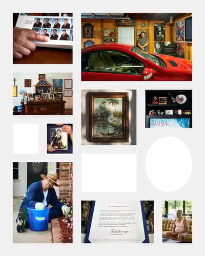 A collage of twelve images continuing the biographical theme. Highlights include a hand pointing to a yearbook photo, a red sports car in a decorated garage, a retirement letter signed by Arnold Schwarzenegger, and various domestic scenes of the man gardening and relaxing at home.