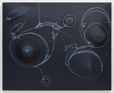 An abstract, three-dimensional painting on a dark navy blue circular or oval-shaped canvas. The surface features several protrusions resembling breasts or cones. Thin, gestural white lines are "tattooed" across the surface, connecting the different raised forms in a constellation-like pattern.