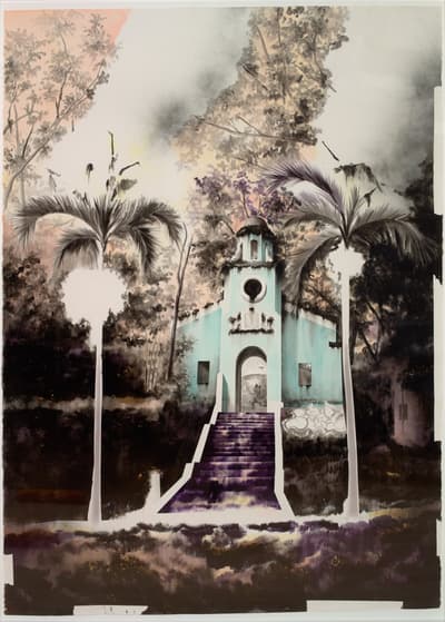 A stylized painting of a light blue church with a central bell tower, framed by two tall, white palm trees. The surrounding foliage and sky are rendered in muted, smoky tones of purple, brown, and grey. The bottom of the image has a rough, unfinished quality with visible drips and blocks of dark color.