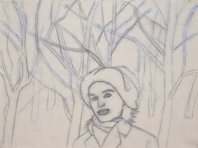 A large-scale preparatory line drawing on paper featuring a portrait of a woman set against a forest background. The woman, positioned in the lower center, wears a wide-brimmed hat and a coat with a scarf. The background is filled with the gestural, linear silhouettes of bare tree branches. A faint, light-blue grid is visible across the entire composition, and some of the lines are accented with blue charcoal or pastel.