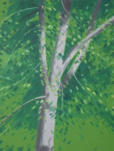 A vertical composition featuring a light-grey and white tree trunk positioned slightly off-center. The trunk is surrounded by a lush canopy of vibrant green leaves, rendered in flat, rhythmic dabs of light and dark green paint. The perspective looks slightly upward into the bright foliage.