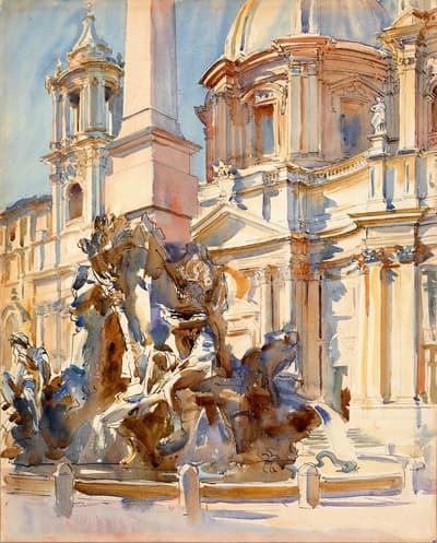 A vibrant watercolor and ink sketch depicting the Fountain of the Four Rivers (Fontana dei Quattro Fiumi) in Rome's Piazza Navona. In the foreground, the dark, dramatic figures of the fountain are rendered with expressive, calligraphic line work and deep brown washes. An Egyptian obelisk rises vertically through the center of the frame, bathed in warm, pale sunlight. Behind it, the ornate dome and facade of the Sant'Agnese in Agone church are captured with light blue shadows and golden-tan highlights. The style is loose and atmospheric, using a limited palette of warm ochres, cool blues, and earthy browns to suggest depth and bright Italian sunlight.