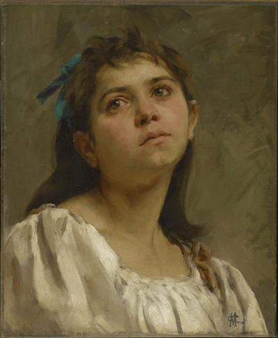 A classical oil portrait of a young woman looking upward and to the right with an expressive, soulful gaze. She has dark hair tied with a vibrant blue ribbon and wears a loose-fitting white chemise. The background is a neutral, mottled olive green.