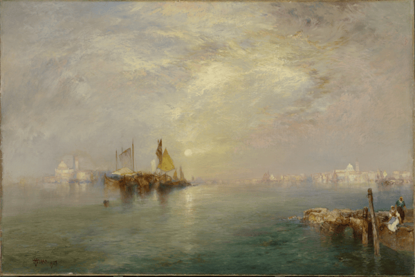 A hazy, luminous oil painting of Venice at sunset. Pale yellow light from a central sun reflects on the water, illuminating a cluster of sailboats with colorful sails. The city skyline and the dome of Santa Maria della Salute are visible as misty silhouettes in the background. Two figures sit on a small stone pier in the lower right foreground.
