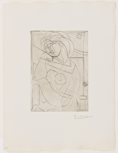A minimalist Cubist line drawing in black ink on paper. It depicts the stylized form of a seated woman resting her head on her hand. The composition uses intersecting geometric shapes and fluid, overlapping lines to define her features and torso.