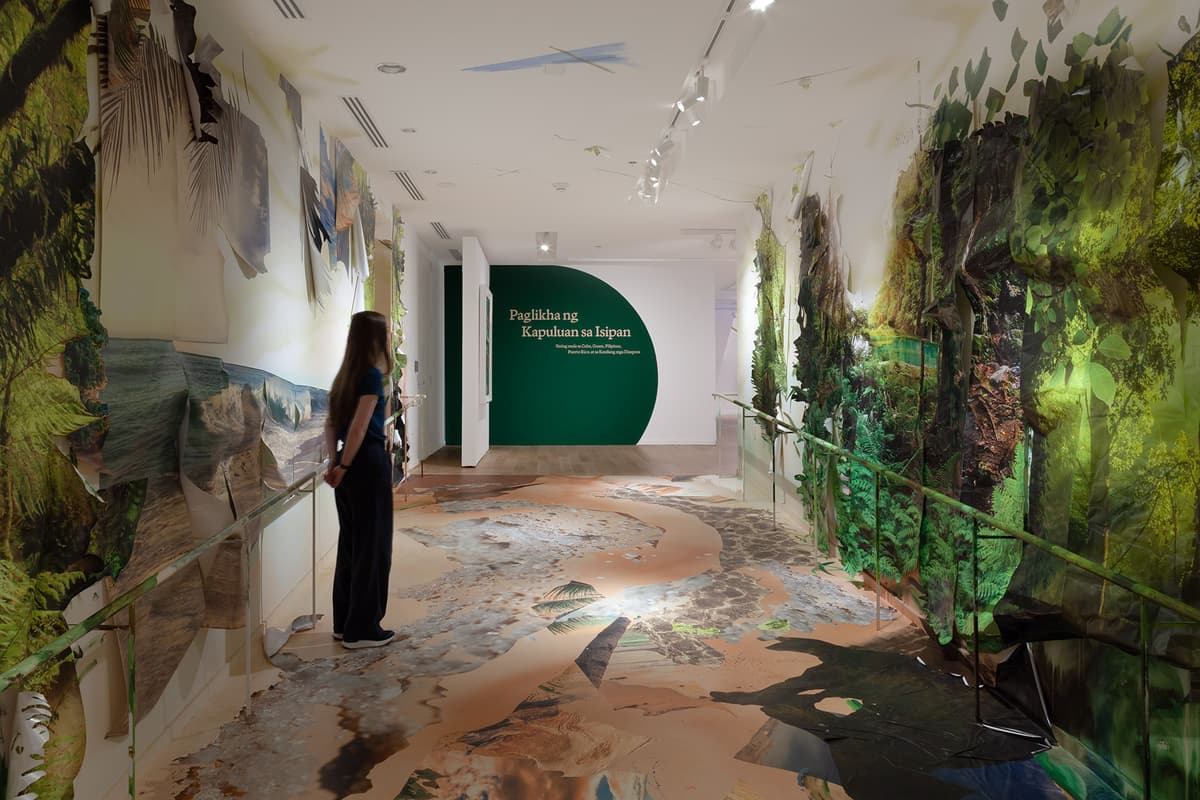 A visitor stands in an immersive hallway where the floor, walls, and ceiling are covered in large-scale photo-collages of tropical coastlines and lush green rainforests. At the end of the corridor, a white wall features a dark green arch painted with text.