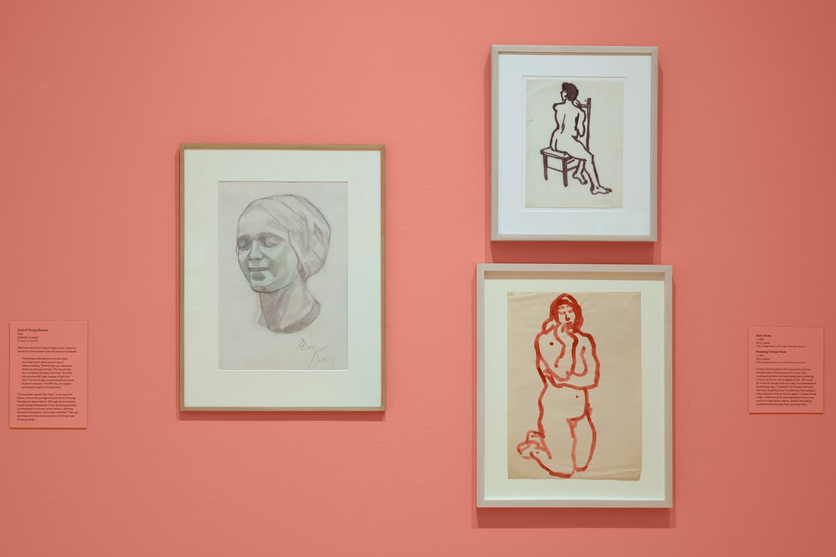 A close-up of three framed artworks hanging on a coral-pink gallery wall. On the left is a larger vertical frame containing a shaded graphite portrait sketch of a young woman's head. On the right, two smaller frames are stacked vertically: the top one features a dark ink sketch of a figure seen from behind sitting on a stool, and the bottom one features a bold red line drawing of a kneeling female figure. Small pink description cards hang to the far left and right.