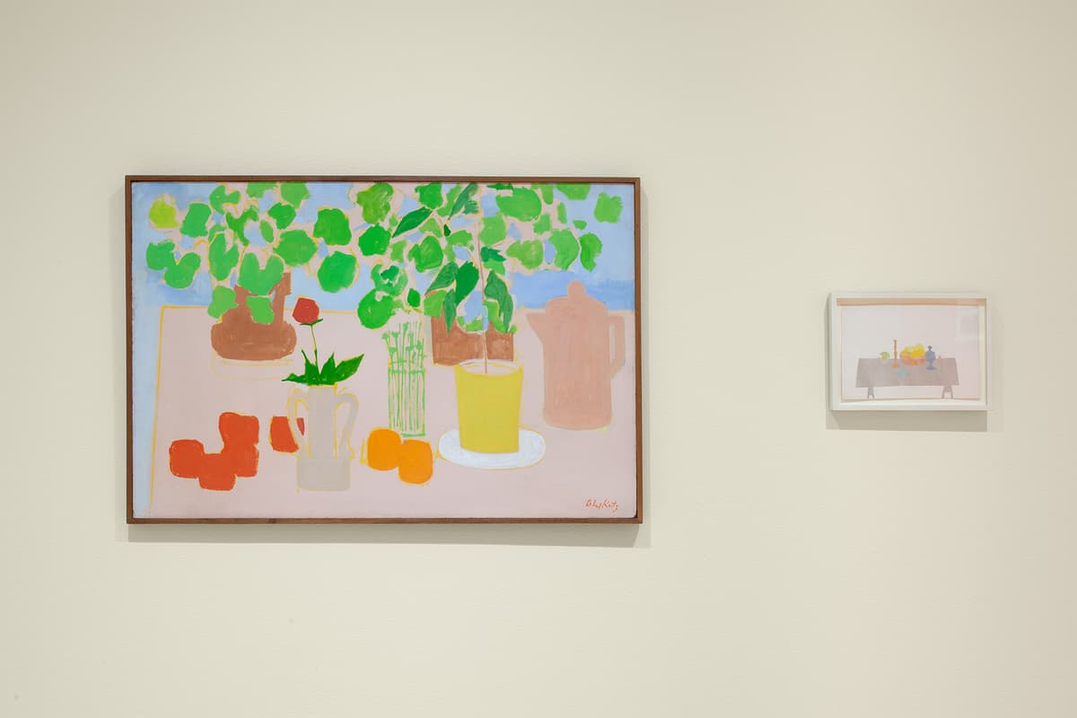 A close-up shot of two artworks hanging on an off-white wall. On the left is a larger horizontal painting with a simple wood frame depicting a still life of potted plants with bright green leaves, a red flower, and oranges on a pink surface. To its right hangs a smaller, vertically stacked white-framed drawing showing a minimalist still life of items on a table.