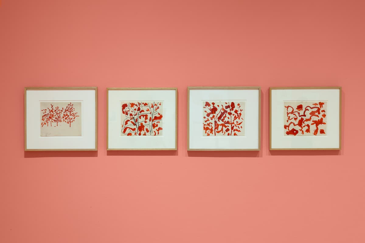 A straight-on view of four small, uniformly sized artworks framed in light wood hanging in a perfect horizontal line on a coral-pink wall. Each artwork consists of abstract or organic patterns rendered in bold red ink lines against a light paper background.