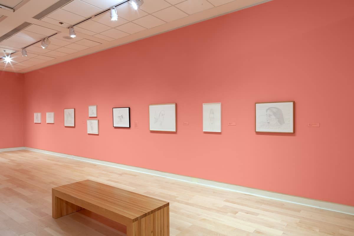 A wide perspective view looking down a long, vibrant coral-pink wall. A series of small and medium-sized framed portrait sketches are hung horizontally across the wall with pink labels interspersed between them. A long, simple wooden bench sits on the light hardwood floor in the lower left foreground under bright gallery track lighting.