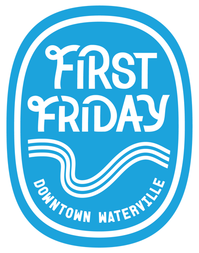 Logo for First Friday Downtown Waterville featuring the words "First Friday" in a decorative white font above three stylized, wavy white lines, with the words "Downtown Waterville" curving beneath the lines, all enclosed in a white oval on an light blue background.