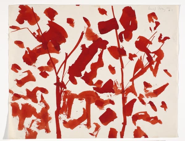 An abstract ink wash painting in reddish-orange on white paper, featuring thick, vertical strokes and gestural blotches that suggest a dense thicket of trees.