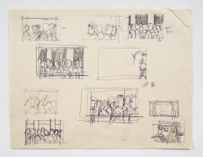 Preparatory drawing with multiple rough, gestural compositions for a larger work. Most of the small frames show clusters of figures in profile or from the back, rendered with quick, scribbled lines to suggest a crowded social setting. In the bottom right, the sketches transition from group scenes to two close-up studies of faces, one featuring a person wearing glasses. The paper is slightly aged with a visible crease in the top right corner.