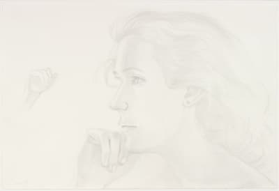 A delicate, light pencil sketch of a woman’s head and shoulders in profile, accompanied by a small, separate study of a hand. The portrait shows her looking toward the left with a hand resting near her chin.