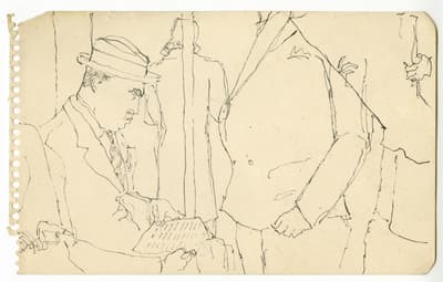 Sketch on sheet of paper with visible perforation marks along the left edge. On the left, a man wearing a fedora and a suit jacket leans forward, focusing on a newspaper held in his hands. To his right, the partial figures of other commuters are suggested, including the torso of a person in a double-breasted coat and a hand gripping a vertical subway pole in the background.