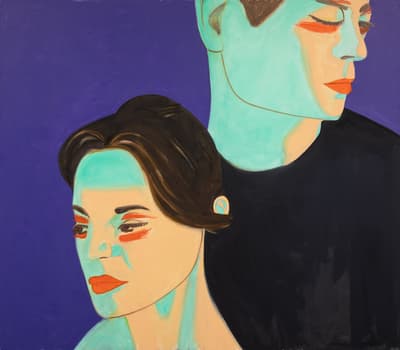 A flat, graphic style portrait of two figures. They are turned in opposite directions, the female figure in the foreground looks away from from the viewer and the figure in the background has closed eyes. Their faces are rendered with pale tones, with mint green highlights and an orange-red paint is used for their lips and shading around their eyes. The figure in the background wears a black shirt and they are set against a vibrant purple backdrop.