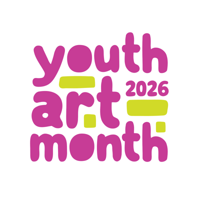 A colorful logo for "Youth Art Month 2026." The text is written in a playful, rounded, lowercase font in bright magenta. The words "youth," "art," and "month" are stacked vertically. Abstract, hand-drawn shapes in lime green—resembling brushstrokes or thick underlines—are interspersed between and around the words. The year "2026" is tucked neatly between the words "art" and "month." The entire design is set against a plain white background, giving it a vibrant and creative feel.