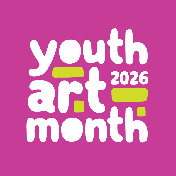 A colorful logo for "Youth Art Month 2026." The text is written in a playful, rounded, lowercase font in bright magenta. The words "youth," "art," and "month" are stacked vertically. Abstract, hand-drawn shapes in lime green—resembling brushstrokes or thick underlines—are interspersed between and around the words. The year "2026" is tucked neatly between the words "art" and "month." The entire design is set against a plain white background, giving it a vibrant and creative feel.