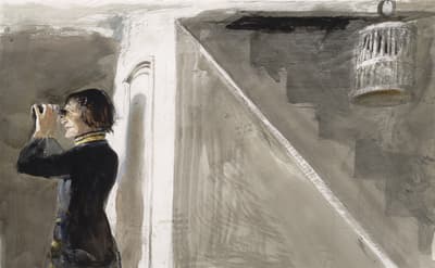 A watercolor and graphite study titled "Ship's Door Study." On the left, a woman in a dark coat (likely Betsy Wyeth) looks through binoculars. The scene shows a white doorway and a steep, dark wooden staircase with a birdcage hanging from the ceiling.