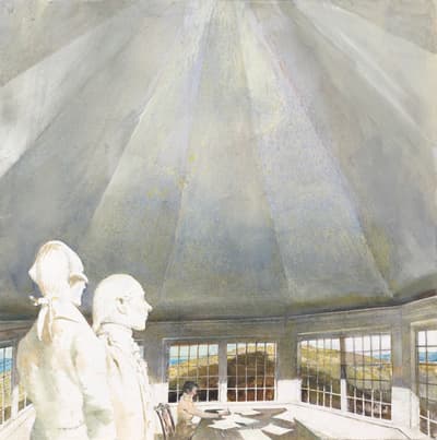 Square-format watercolor and tempera painting depicting a bright, octagonal interior room with a vaulted ceiling. In the lower left foreground, two translucent, ghost-like figures in 18th-century dress (wigs and frock coats) stand in profile, facing right. In the center distance, a small, solid figure of a woman sits at a dark table covered in papers, seen through a row of multi-paned windows that overlook a golden-brown landscape and blue sea. Broad, radiating beams of light or architectural rafters extend from the top center down toward the walls, rendered in pale greys and yellows.