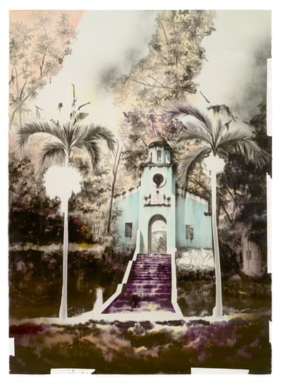 A stylized painting of a light blue church with a central bell tower, framed by two tall, white palm trees. The surrounding foliage and sky are rendered in muted, smoky tones of purple, brown, and grey. The bottom of the image has a rough, unfinished quality with visible drips and blocks of dark color.