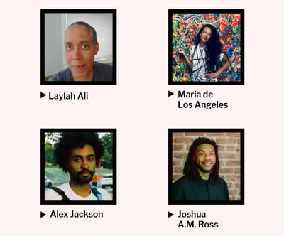Four head shots organized in a two by two grid, each with a name written beneath. Top left Laylah Ali, top right Maria de Los Angeles, bottom left Alex Jackson, and bottom right Joshua AM Ross.