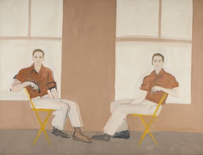 This image shows a painting of two identical-looking men sitting in yellow folding chairs, positioned in front of two large windows. The men are mirror images of each other, both wearing brownish-red short-sleeved shirts and light-colored trousers. They sit with their legs crossed and one arm resting on the back of their chair. The background is a simple, muted brown wall with two large, rectangular windows that look out onto a pale, indistinct space. The painting has a loose, expressive style with visible brushstrokes and a limited color palette of earth tones, yellow, and white.