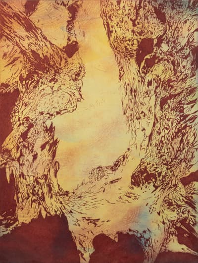 Vertical abstract print showing symmetrical branching forms rendered in deep red ink on a background with a light yellow to green gradient. The print features fine engraved lines forming intricate, bark-like textures across the surface.