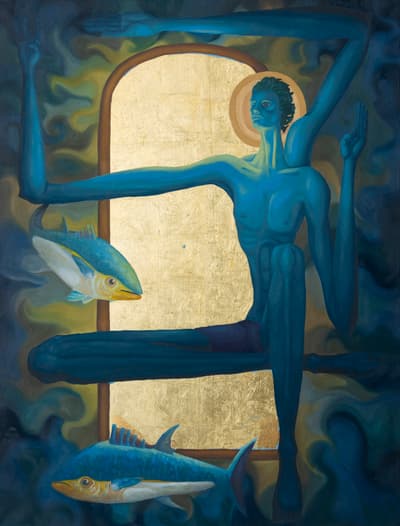 Painting of a stylized blue figure with multiple arms, positioned against a gilded arch with a golden halo. The figure sits amidst green and yellow water and smoke forms, accompanied by two yellowtail tuna, one on the left and one at the base. The composition combines gold leaf application with painted sections.