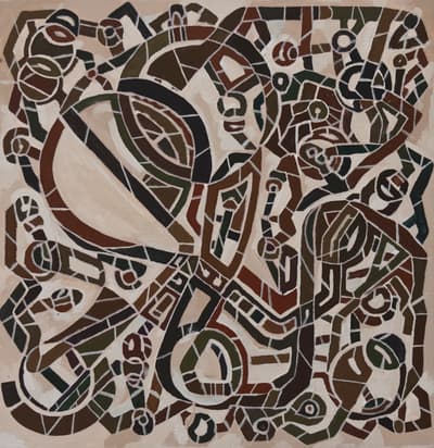Abstract oil painting with a square format, featuring a pattern of interlocking lines and shapes in earth tones, including tan, brown, black, dark green, and a central circular form with white. The heavy application of paint shows clear canvas texture.