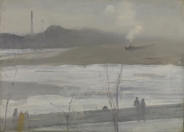 An oil painting on canvas rendered in a muted, atmospheric palette of greys, soft blues, and ochres. It depicts a misty river landscape under a hazy, overcast sky. In the upper right, a small dark steamboat plies the water, emitting a plume of pale smoke. The background shows a dark, silhouetted shoreline with industrial chimneys rising on the left. In the foreground, a path or bank is populated by simplified, silhouetted figures—including a couple standing near bare, slender trees on the right and a small group near the left.