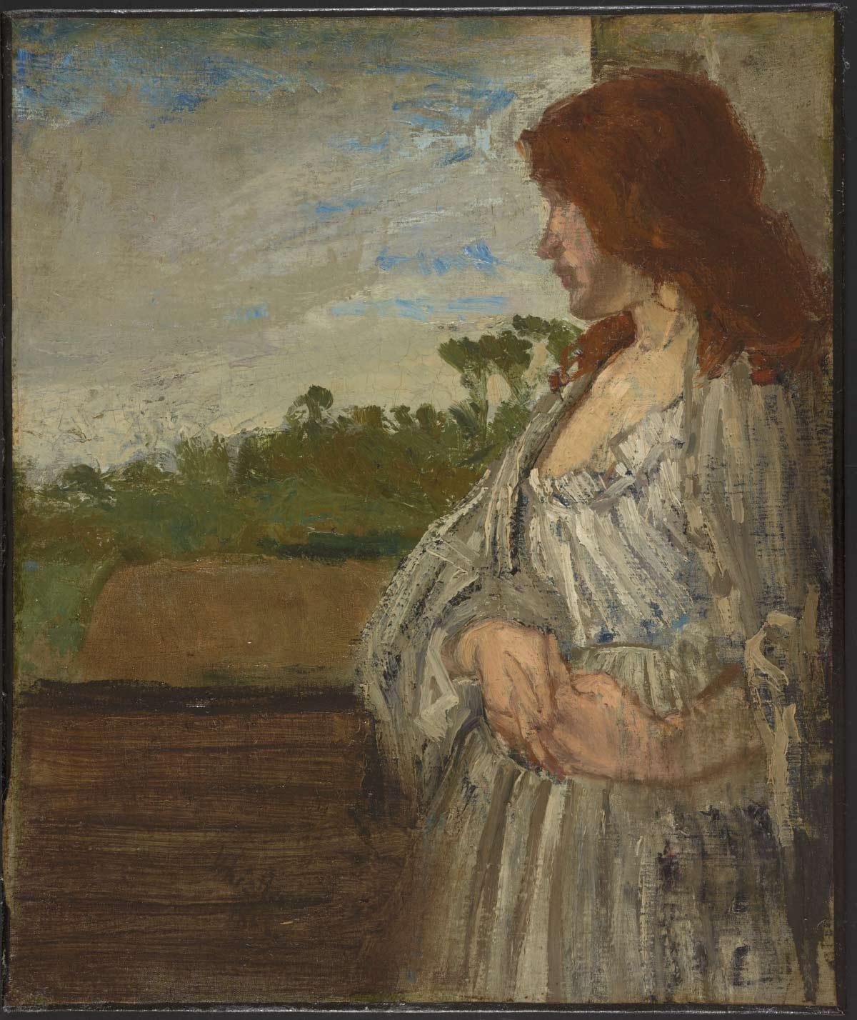An oil painting showing the side profile of a woman with long, thick auburn hair facing left. She wears a textured, loose-fitting cream or light-grey dress with vertical folds on the bodice. Her hands are loosely clasped at her waist. She stands against a backdrop featuring a dark wooden balcony or ledge in the lower left, a green landscape with trees in the middle ground, and a cloudy pale blue and grey sky above. The painting has a soft tonalist style with visible brushwork.