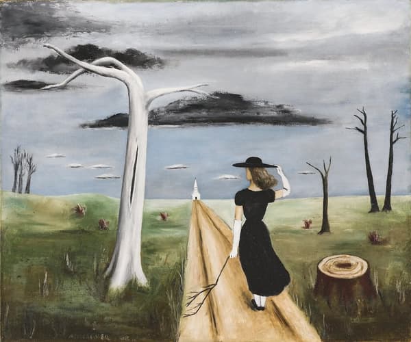 A surrealist painting depicts a woman from behind in a black dress, wide-brimmed hat, and white gloves walking down a dirt path toward a tiny white church. The surrounding landscape features a large, leafless white tree, dark clouds hanging in a gray sky, and barren tree stumps scattered across fields. Her hand holds a twig as she tilts her head toward the distant horizon.