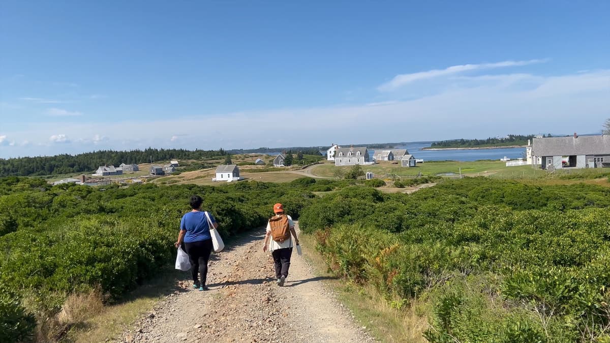 Two people walk away from the camera down a dirt and gravel path on a sunny day, heading toward a coastal village. The path is flanked by dense green bushes and low vegetation. In the distance, several white and gray New England-style houses and buildings sit on a grassy landscape next to a body of water under a bright blue sky. One person wears a blue shirt and carries white bags, while the other wears an orange cap and a brown backpack.
